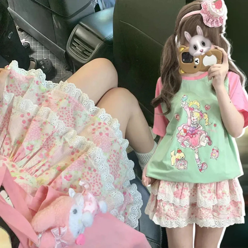Floral Ruffle Skirt – Kawaii Sweet Lolita Layered Mini - Bottoms - Skirts - 5