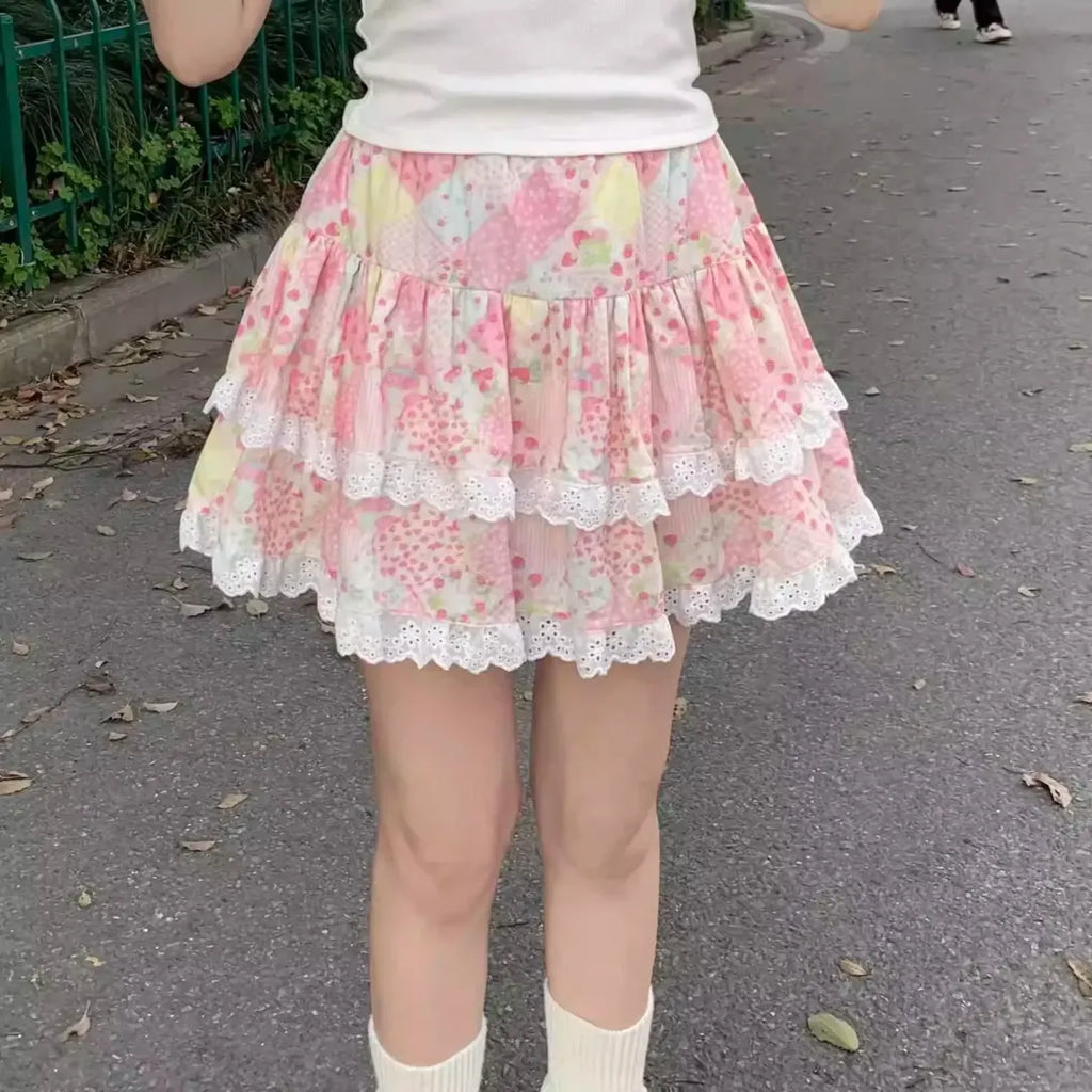 Floral Ruffle Skirt – Kawaii Sweet Lolita Layered Mini - Bottoms - Skirts - 7