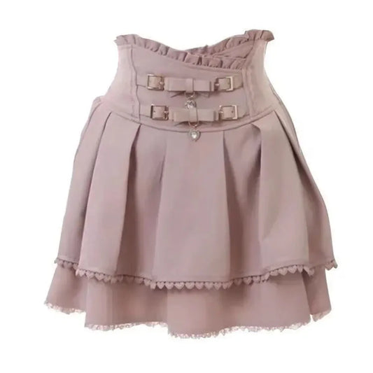 Harajuku Sweet Pink Bow Skirt – Ruched Slim Waist Faux Leather - Bottoms - Skirts - 2