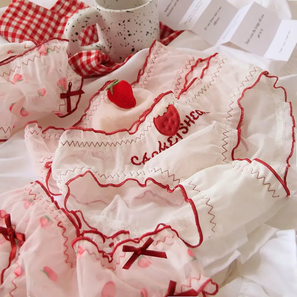 Sweet Strawberry Sheer Mesh Panties – Ruffle Lace Mid-Waist Briefs - Women’s Clothing & Accessories - Lingerie - 2