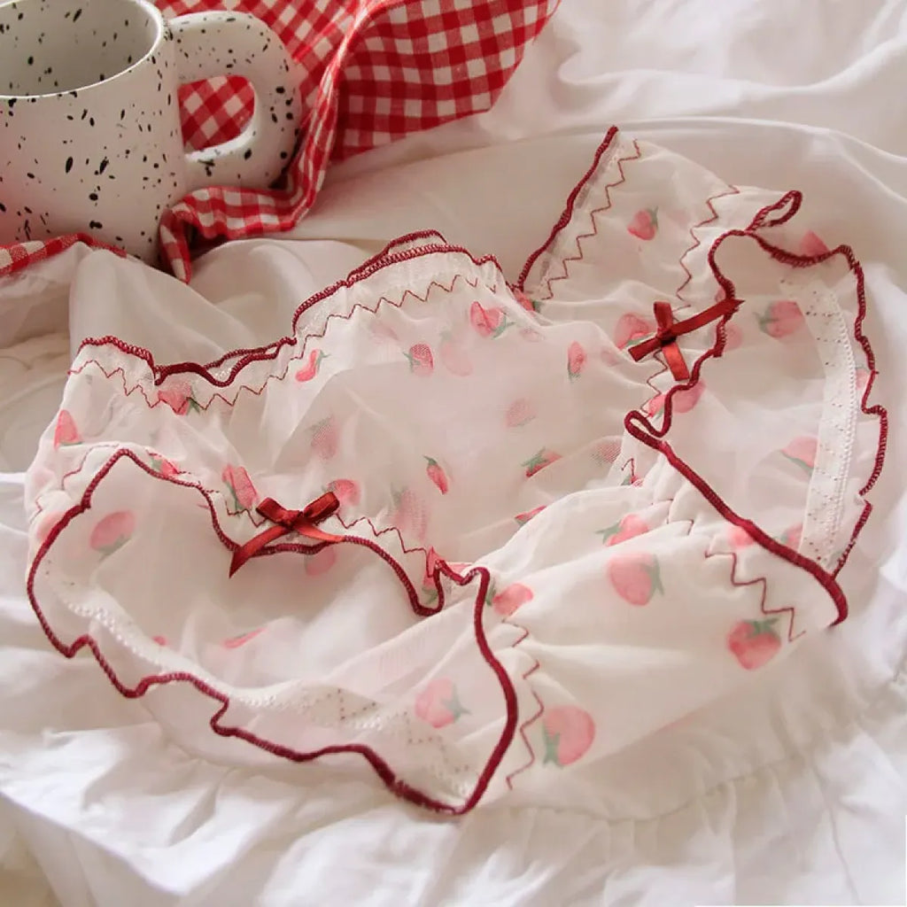 Sweet Strawberry Sheer Mesh Panties – Ruffle Lace Mid-Waist Briefs - Women’s Clothing & Accessories - Lingerie - 7