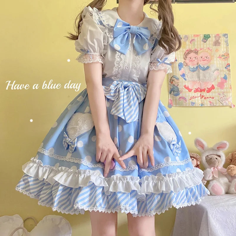 Sweet Summer Lolita JSK Dress - Japanese Bow Dots Ruffle - Blue / S - All Dresses - Dresses - 7 - 2024