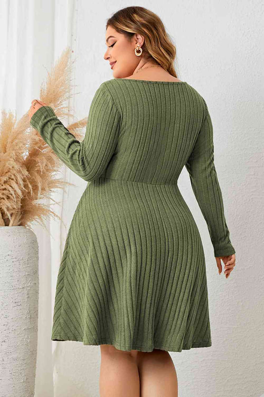 Plus Size Sweetheart Neck Long Sleeve Ribbed Dress - All Dresses - Dresses - 2 - 2024