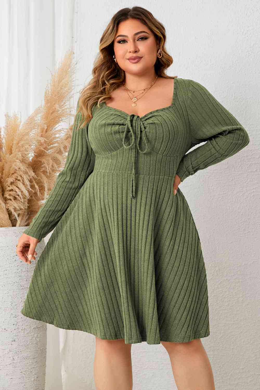 Plus Size Sweetheart Neck Long Sleeve Ribbed Dress - All Dresses - Dresses - 3 - 2024