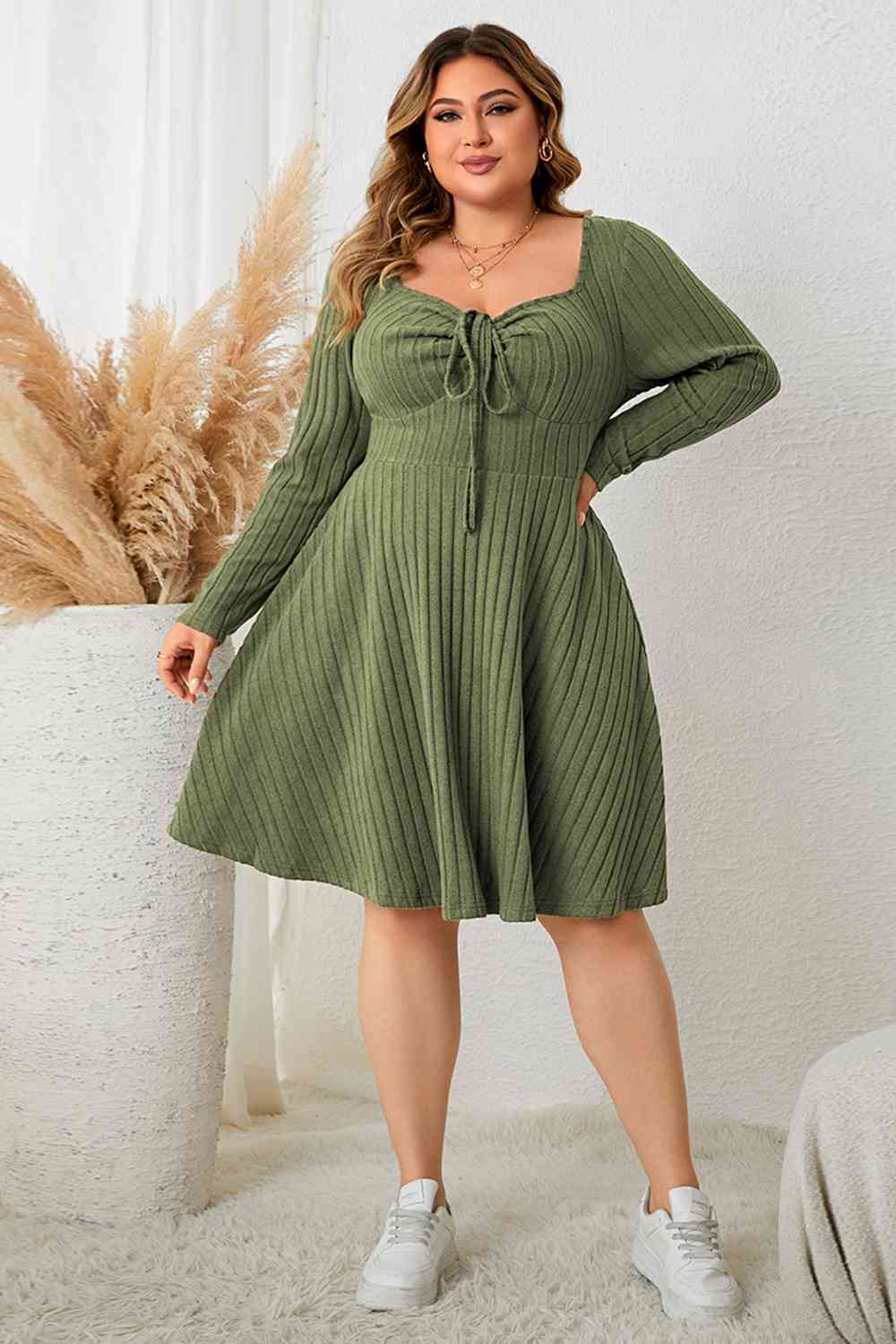 Plus Size Sweetheart Neck Long Sleeve Ribbed Dress - All Dresses - Dresses - 5 - 2024