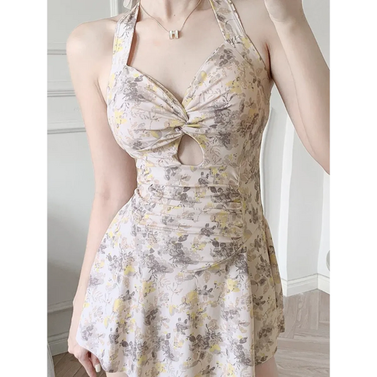 Vintage Floral Halter One Piece Swim Dress - All Dresses - Swimwear - 1