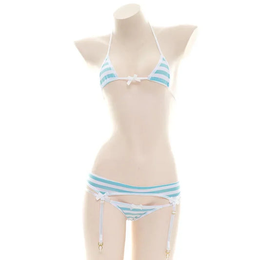 Striped Bow Mini Bikini Set - Blue / One Size - Swimsuits - 7 - 2024