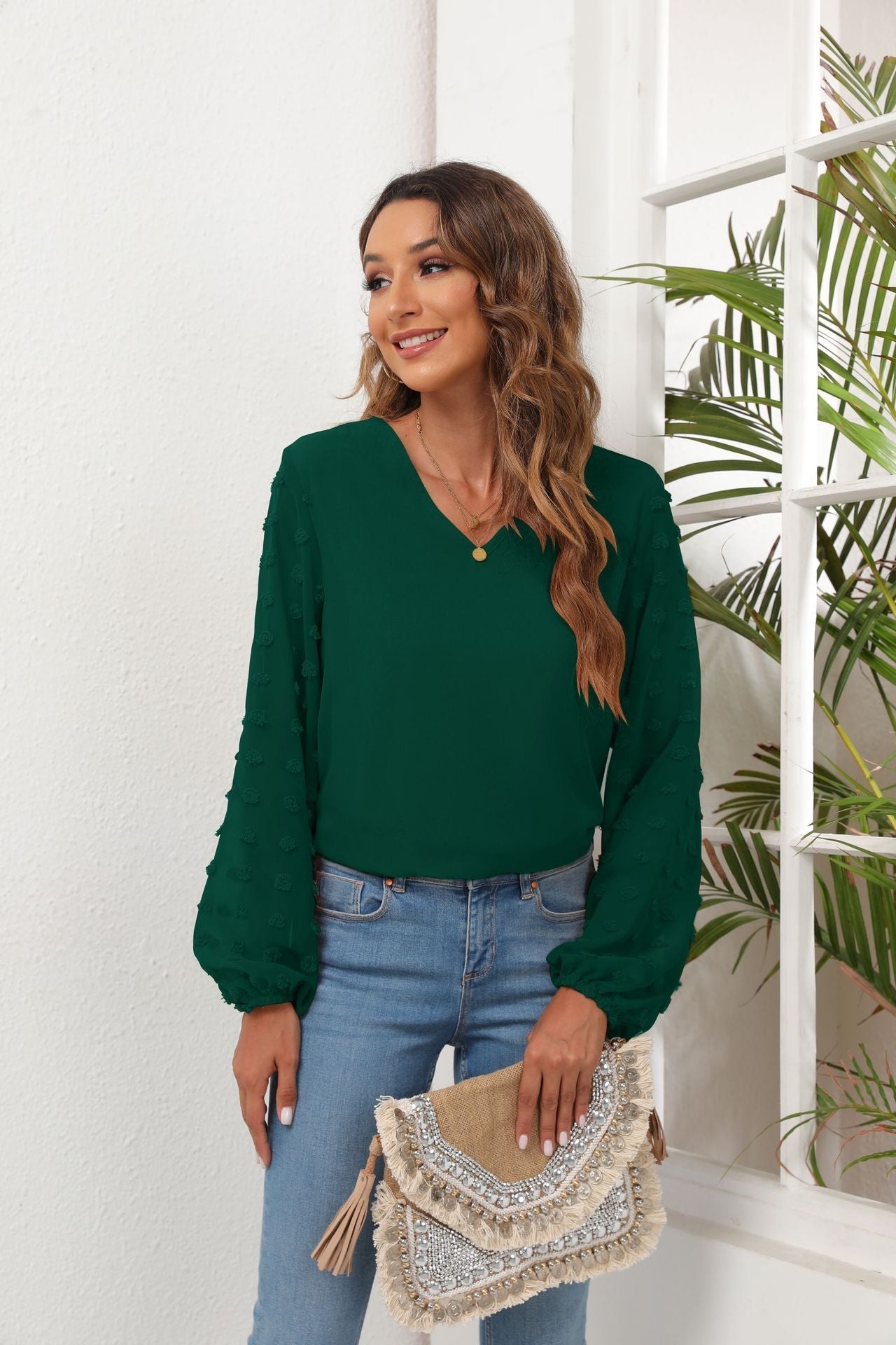 Swiss Dot Balloon Sleeve Blouse - Green / S - T-Shirts - Shirts & Tops - 11 - 2024