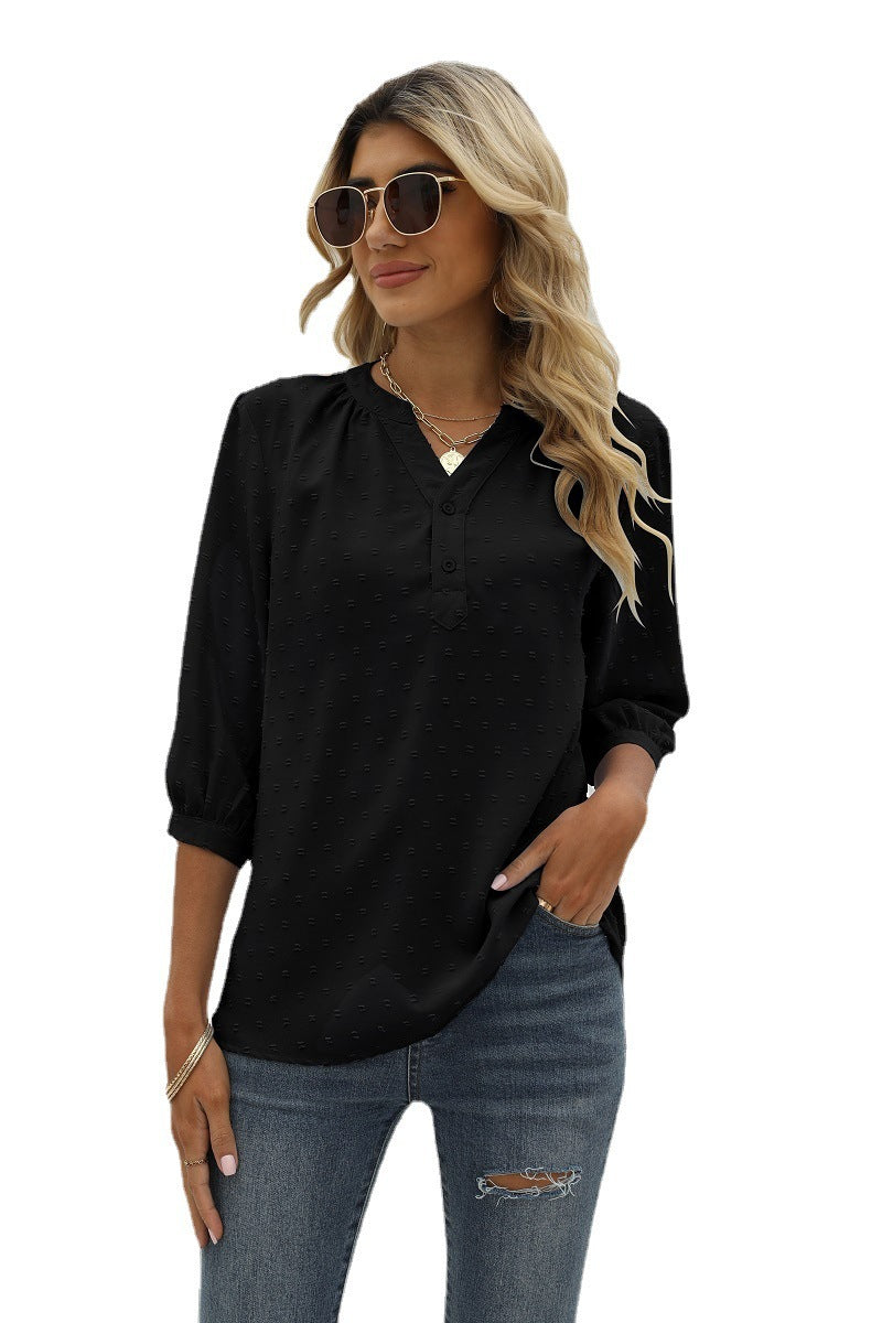 Swiss Dot Notched Neck Three-Quarter Sleeve Blouse - T-Shirts - Shirts & Tops - 10 - 2024