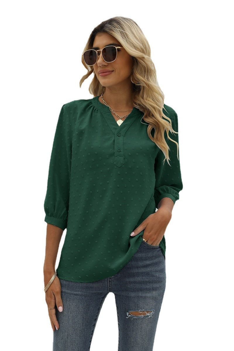 Swiss Dot Notched Neck Three-Quarter Sleeve Blouse - T-Shirts - Shirts & Tops - 19 - 2024