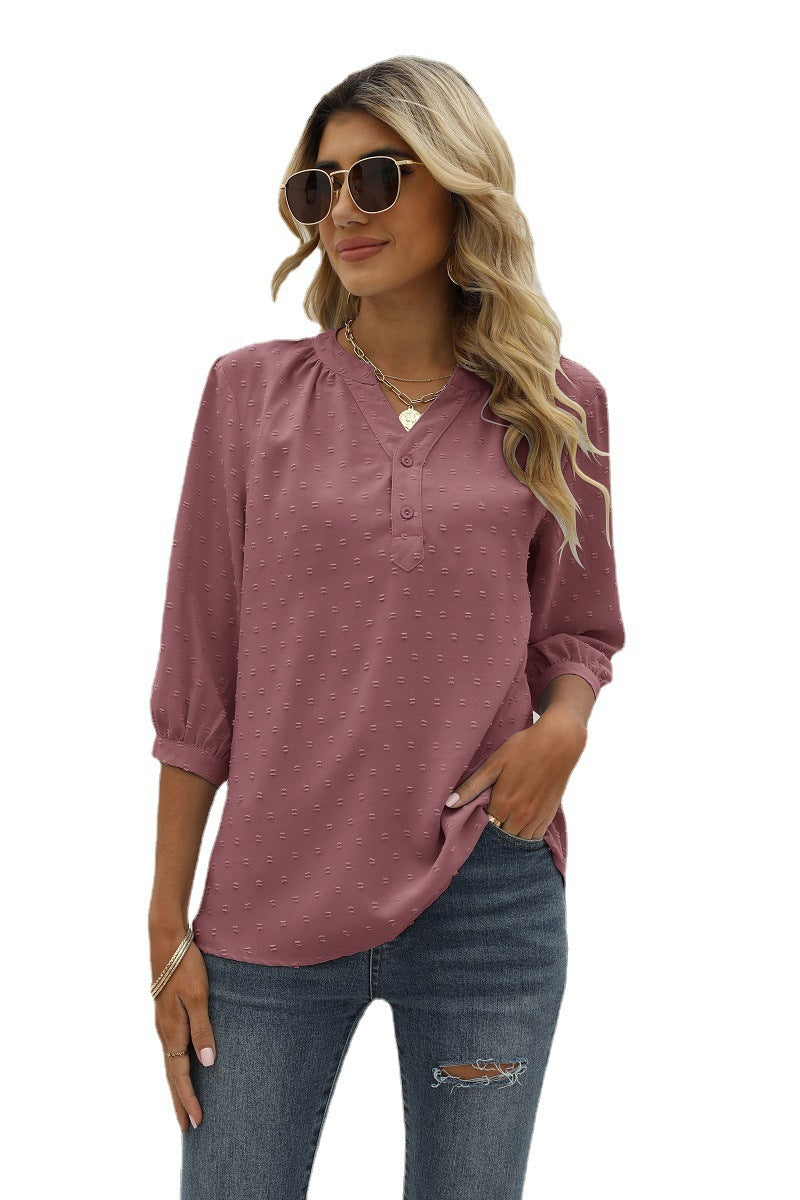 Swiss Dot Notched Neck Three-Quarter Sleeve Blouse - T-Shirts - Shirts & Tops - 22 - 2024