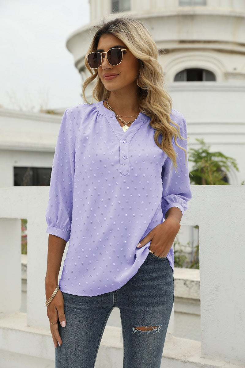 Swiss Dot Notched Neck Three-Quarter Sleeve Blouse - Light Purple / S - T-Shirts - Shirts & Tops - 27 - 2024