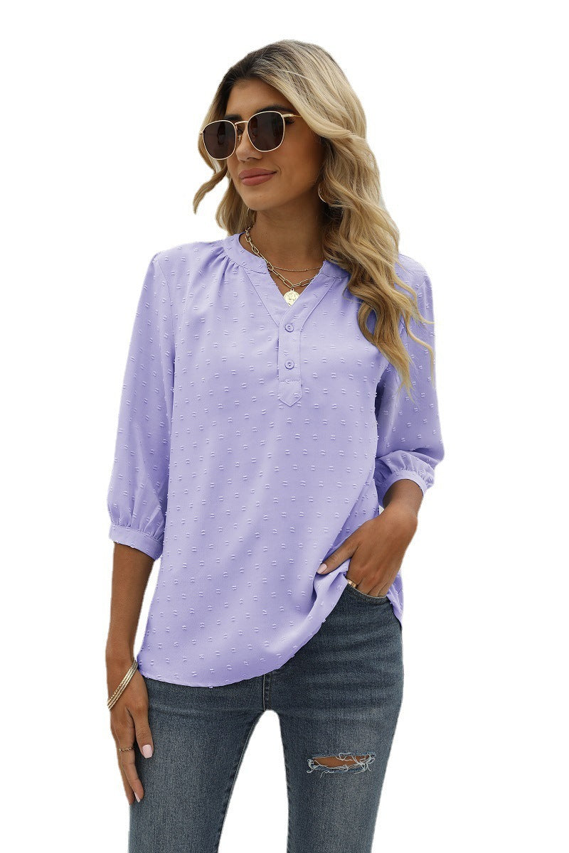 Swiss Dot Notched Neck Three-Quarter Sleeve Blouse - T-Shirts - Shirts & Tops - 28 - 2024