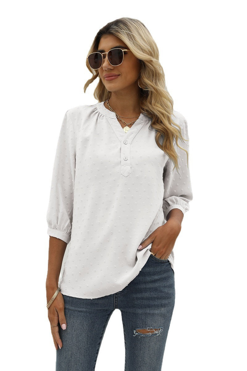 Swiss Dot Notched Neck Three-Quarter Sleeve Blouse - T-Shirts - Shirts & Tops - 31 - 2024