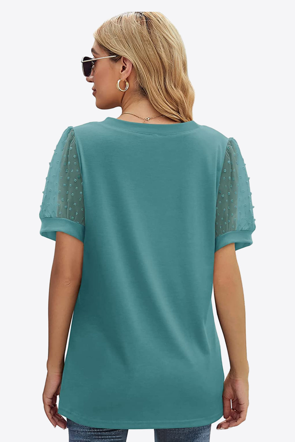 Swiss Dot Puff Sleeve V-Neck Tee - T-Shirts - Shirts & Tops - 12 - 2024