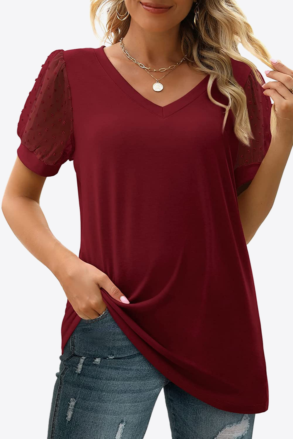 Swiss Dot Puff Sleeve V-Neck Tee - T-Shirts - Shirts & Tops - 29 - 2024