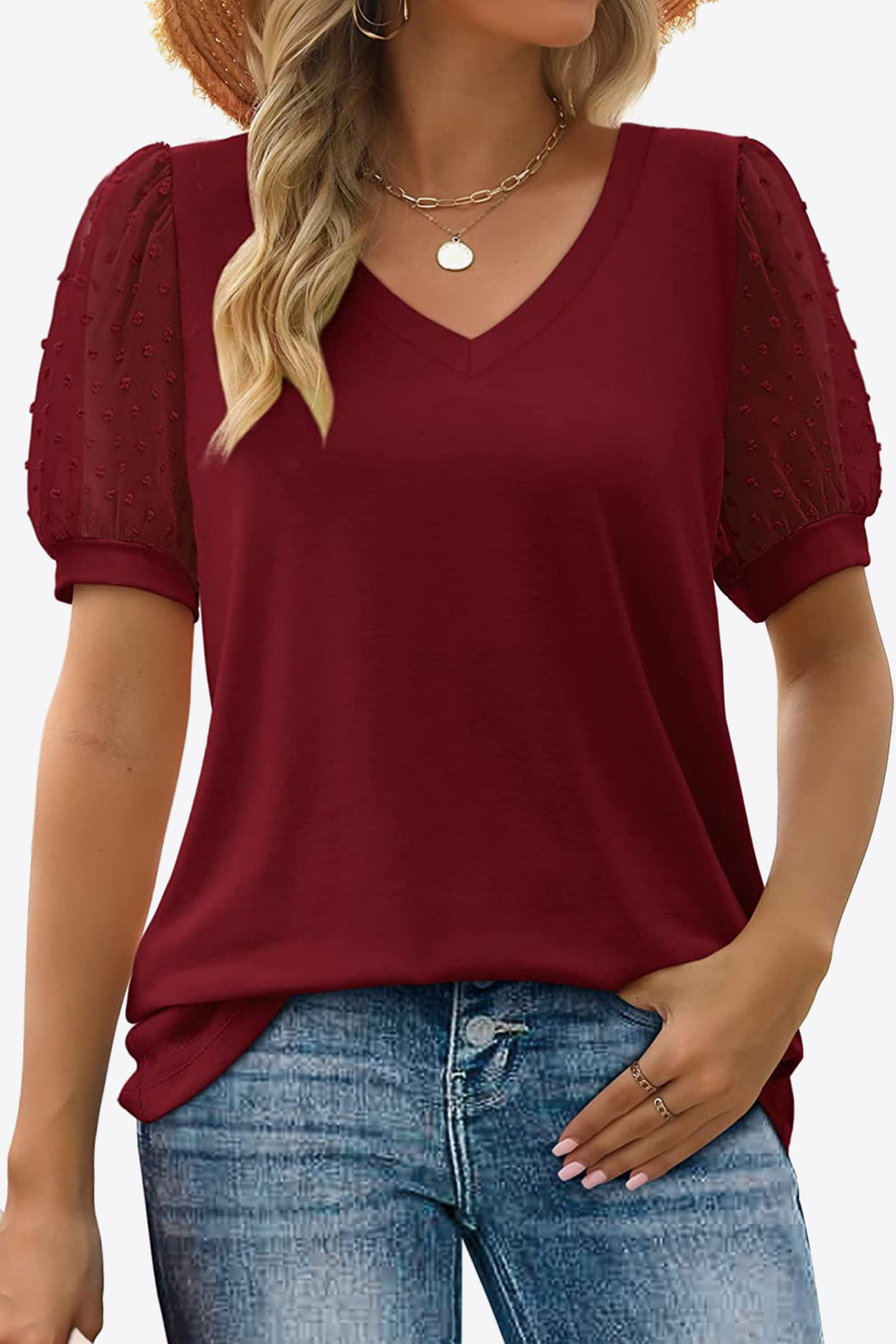 Swiss Dot Puff Sleeve V-Neck Tee - Dark Red / S - T-Shirts - Shirts & Tops - 31 - 2024