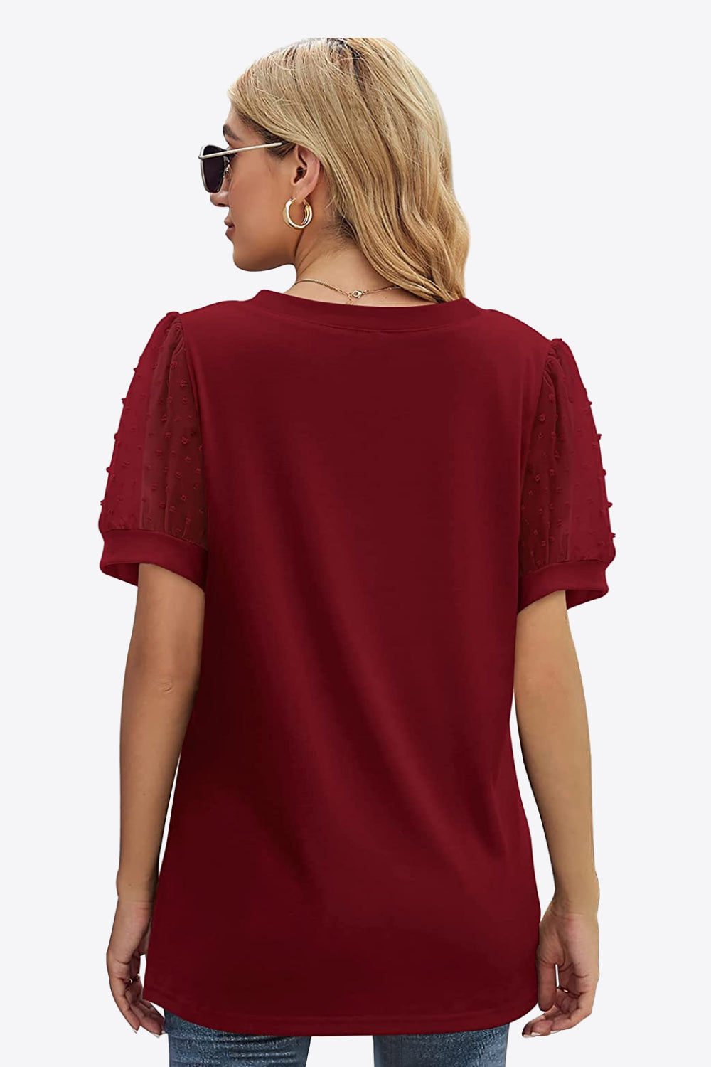 Swiss Dot Puff Sleeve V-Neck Tee - T-Shirts - Shirts & Tops - 32 - 2024