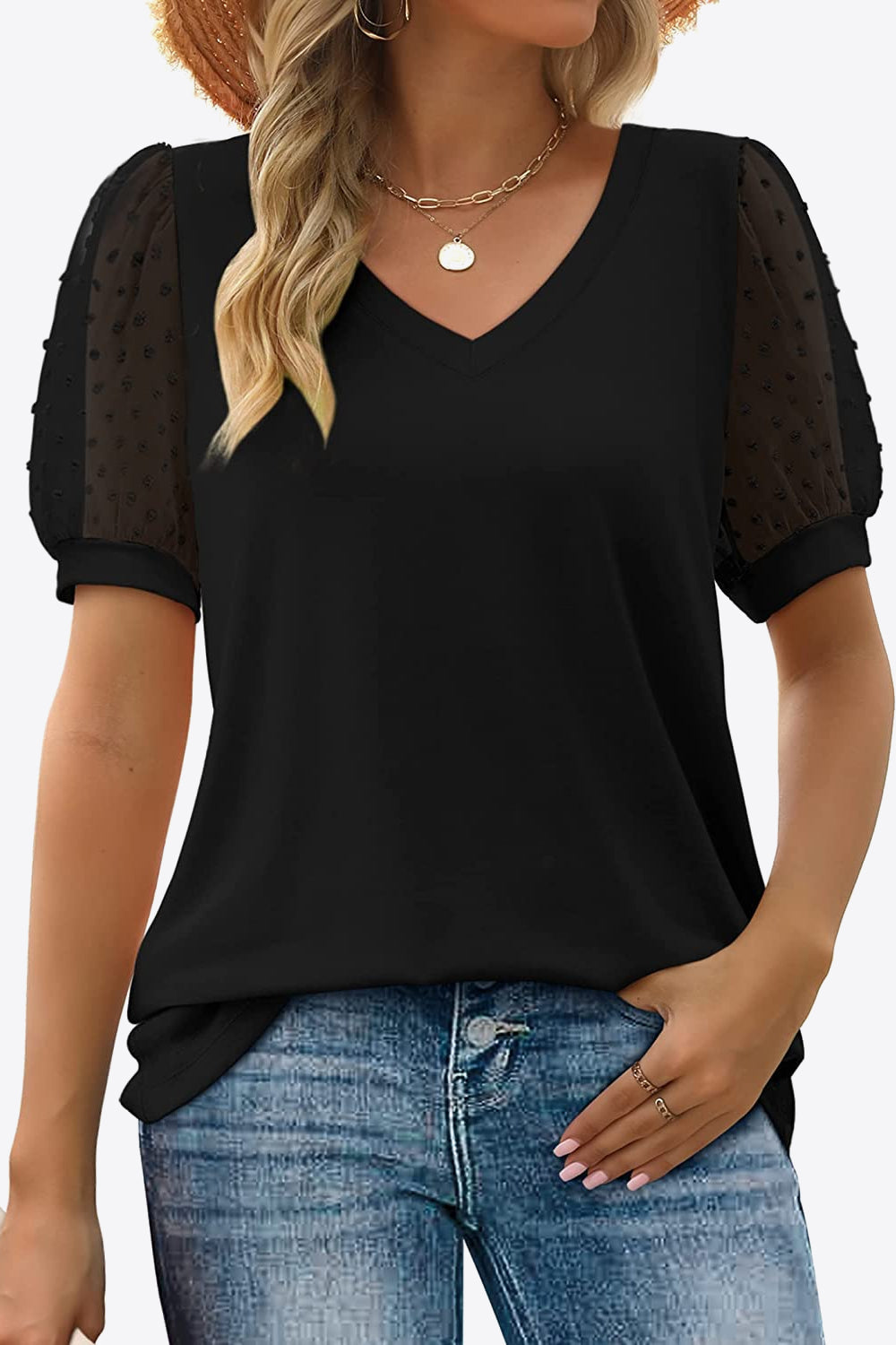 Swiss Dot Puff Sleeve V-Neck Tee - Black / S - T-Shirts - Shirts & Tops - 5 - 2024