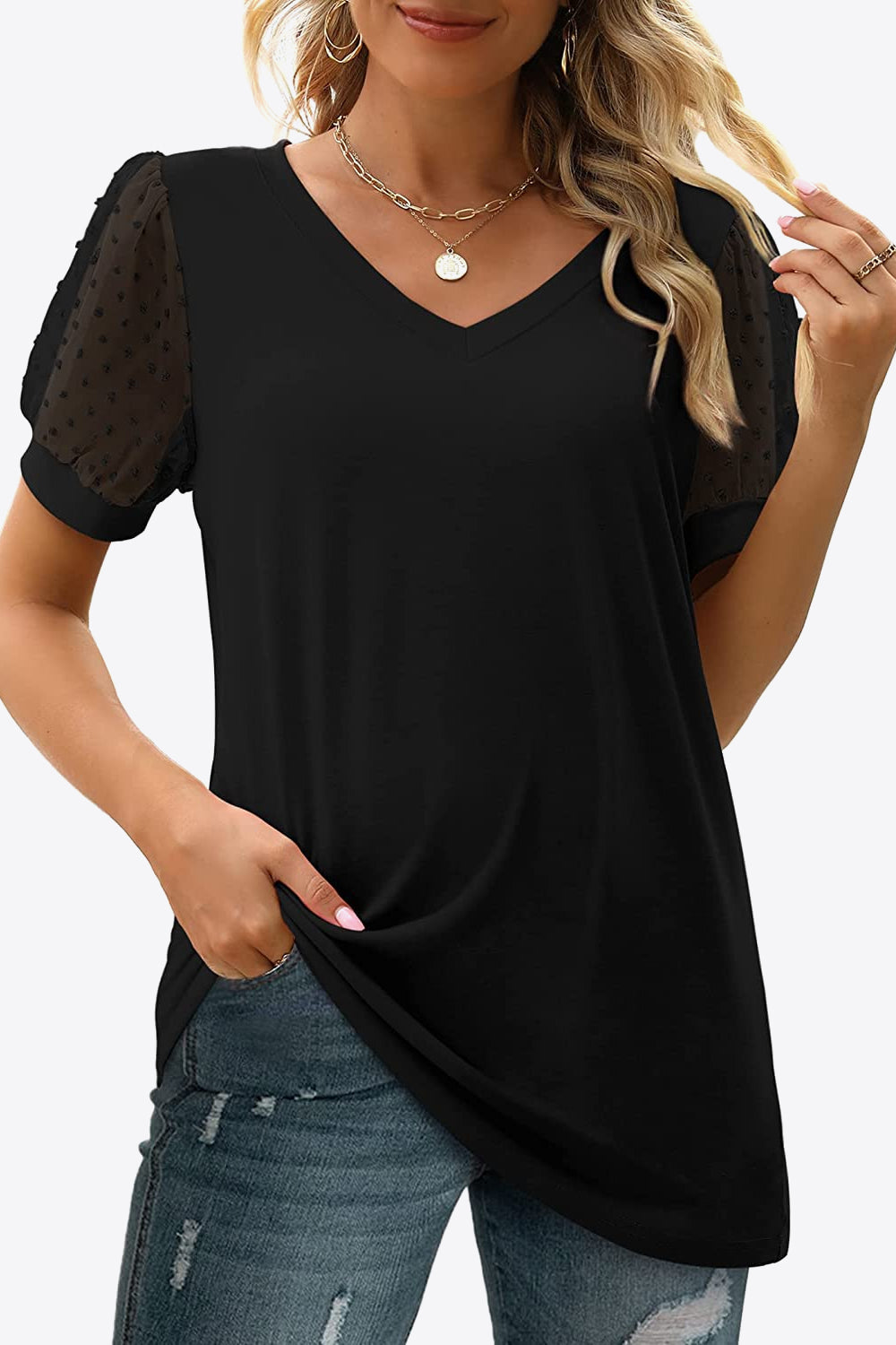 Swiss Dot Puff Sleeve V-Neck Tee - T-Shirts - Shirts & Tops - 6 - 2024