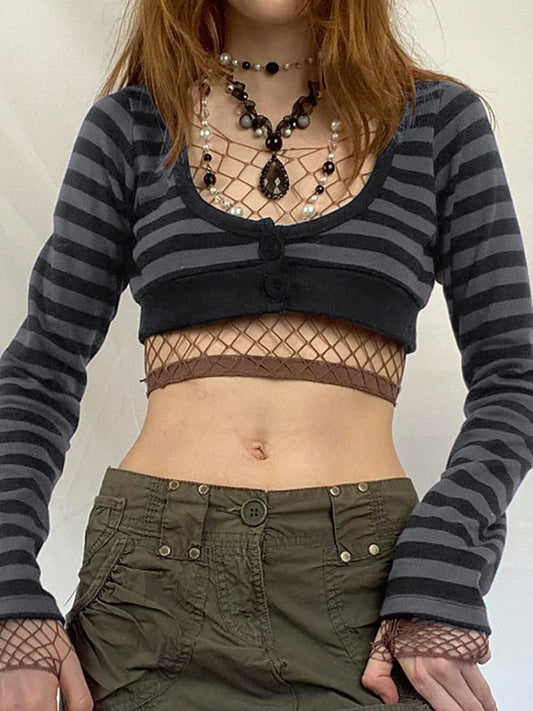 90s Grunge Style Striped Cropped Top - T-Shirts - Shirts & Tops - 2 - 2024