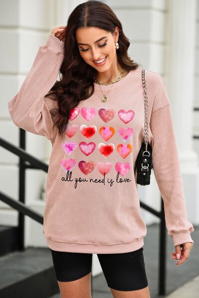 ALL YOU NEED IS LOVE Heart Round Neck Sweatshirt - Pink / S - T-Shirts - Shirts & Tops - 1 - 2024