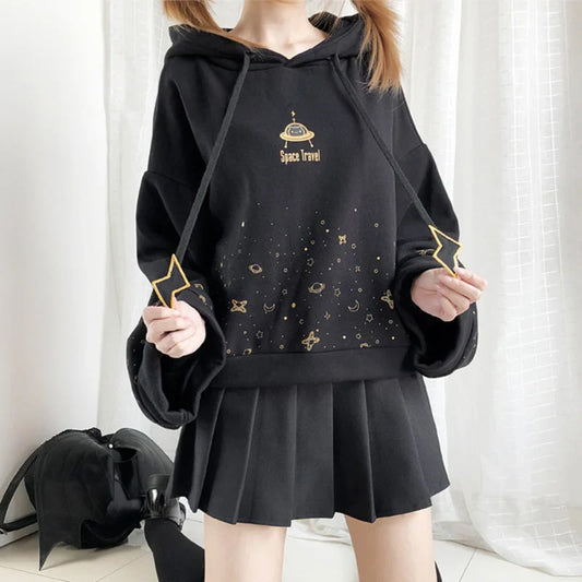 Autumn Women Kawaii Short Hoodie Harajuku Flare Long Sleeve Starry Sky Print Lightning Embroidery Drawstring Hooded