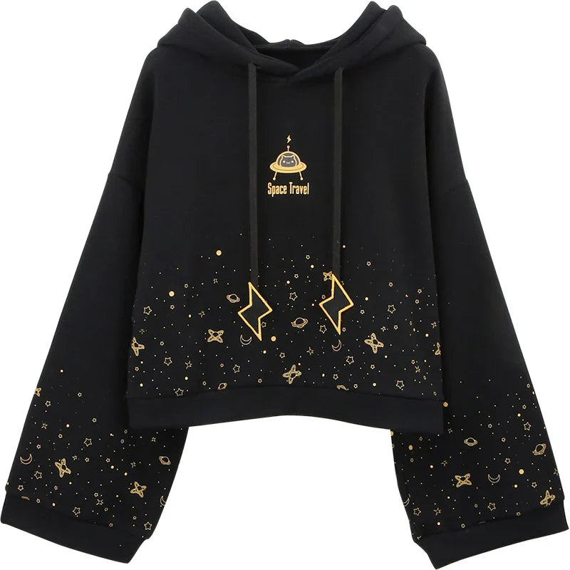 Autumn Women Kawaii Short Hoodie Harajuku Flare Long Sleeve Starry Sky Print Lightning Embroidery Drawstring Hooded