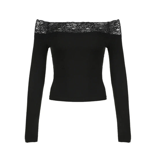 Black Lace Crop Top: Elegant Harajuku Y2K Long Sleeve Tee - Black / L - T-Shirts - Shirts & Tops - 6 - 2024