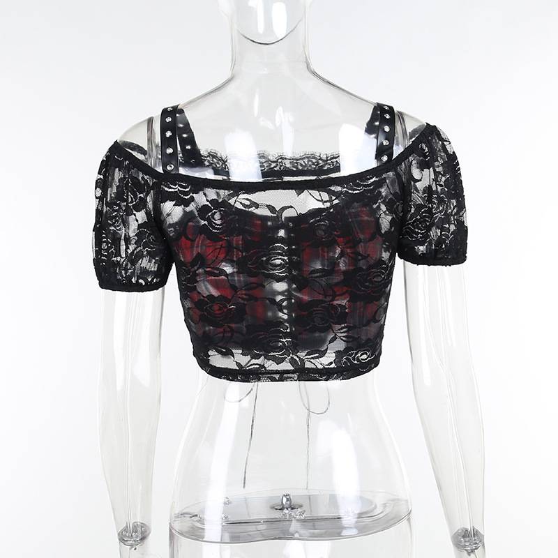 Black Plaid Lace Blouse - T-Shirts - Clothing - 10 - 2024