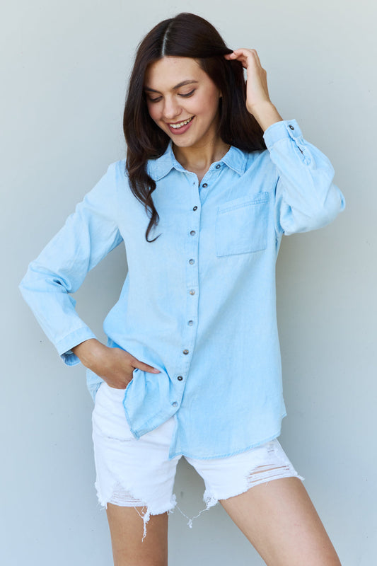 Blue Jean Baby Denim Button Down Shirt Top in Light Blue - Kawaii Stop - Casual Chic, Chambray Fabric, Classic Light Blue, Collared Neck, Denim Shirt, Durable Material, Everyday Wear, Ninexis, NINEXIS Fashion, Pockets, Ship from USA, Versatile Style, Wardrobe Essential