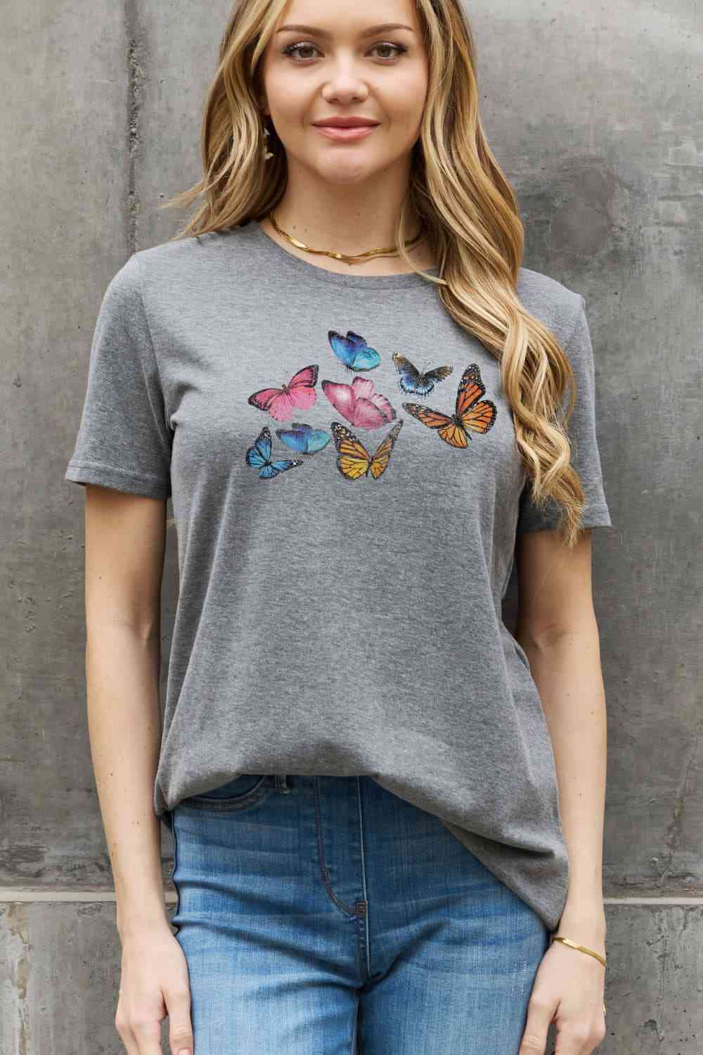 Butterfly Graphic Cotton Tee - Gray / S - T-Shirts - Shirts & Tops - 6 - 2024