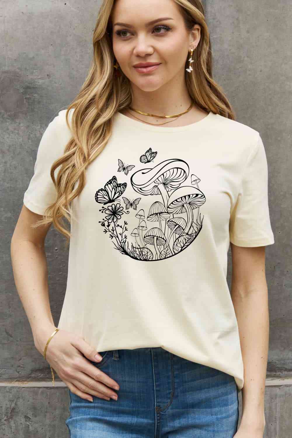 Butterfly & Mushroom Graphic Cotton Tee - T-Shirts - Shirts & Tops - 4 - 2024
