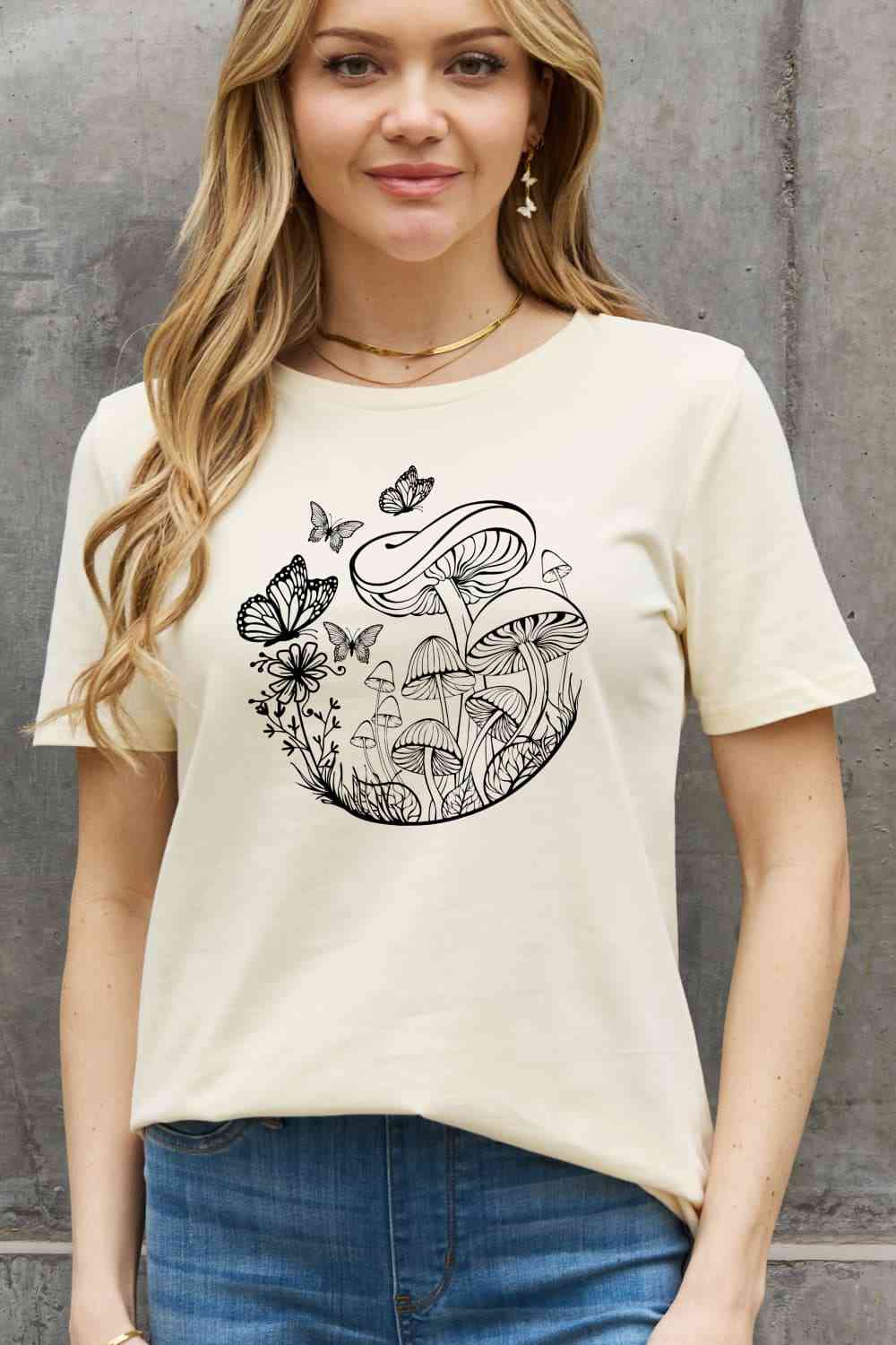 Butterfly & Mushroom Graphic Cotton Tee - T-Shirts - Shirts & Tops - 3 - 2024