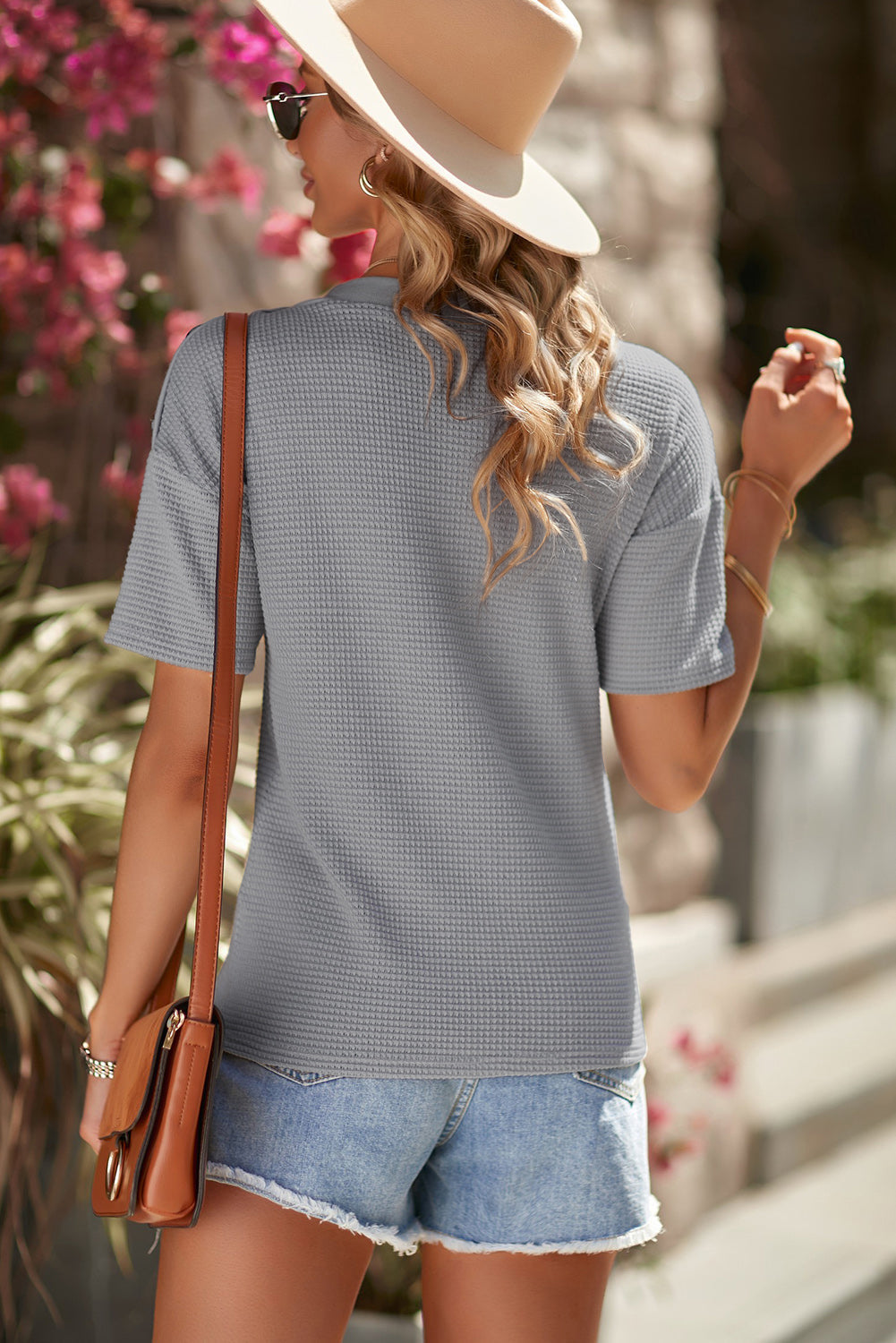 Button Detail Dropped Shoulder Waffle Knit Top - T-Shirts - Shirts & Tops - 2 - 2024