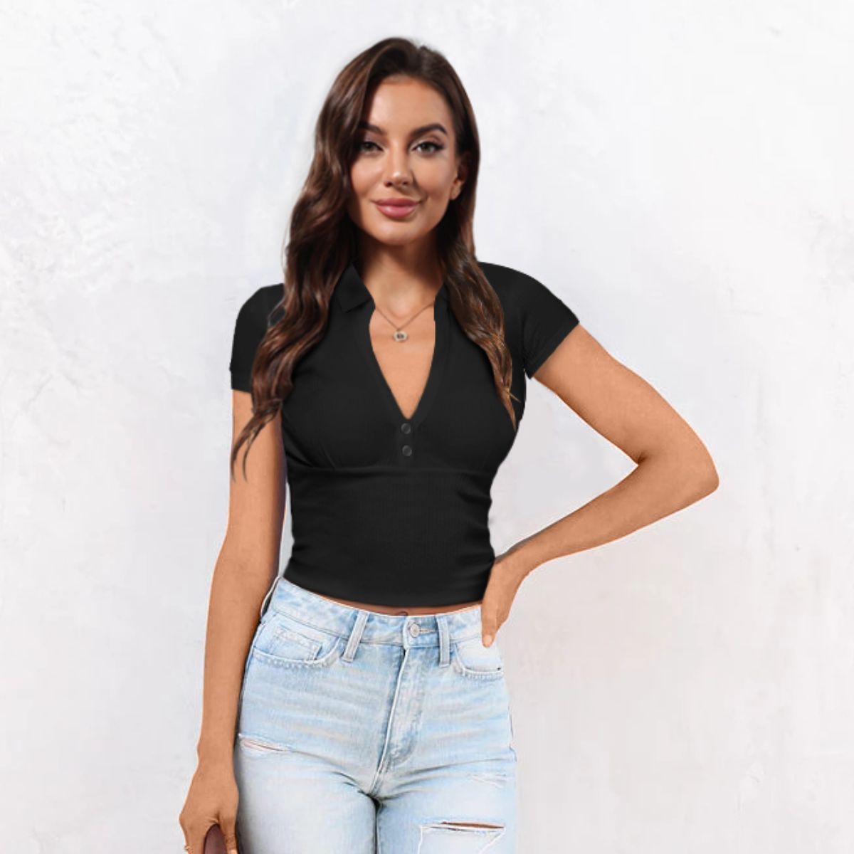 Buttoned Johnny Collar Short Sleeve Top - Black / S - T-Shirts - Shirts & Tops - 1 - 2024