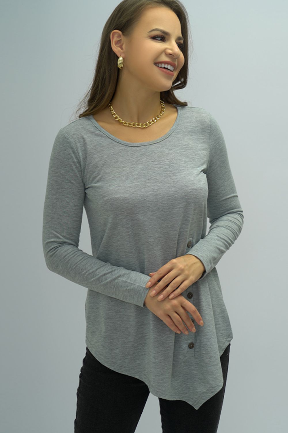 Buttoned Long Sleeve Round Neck Tee - T-Shirts - Shirts & Tops - 5 - 2024