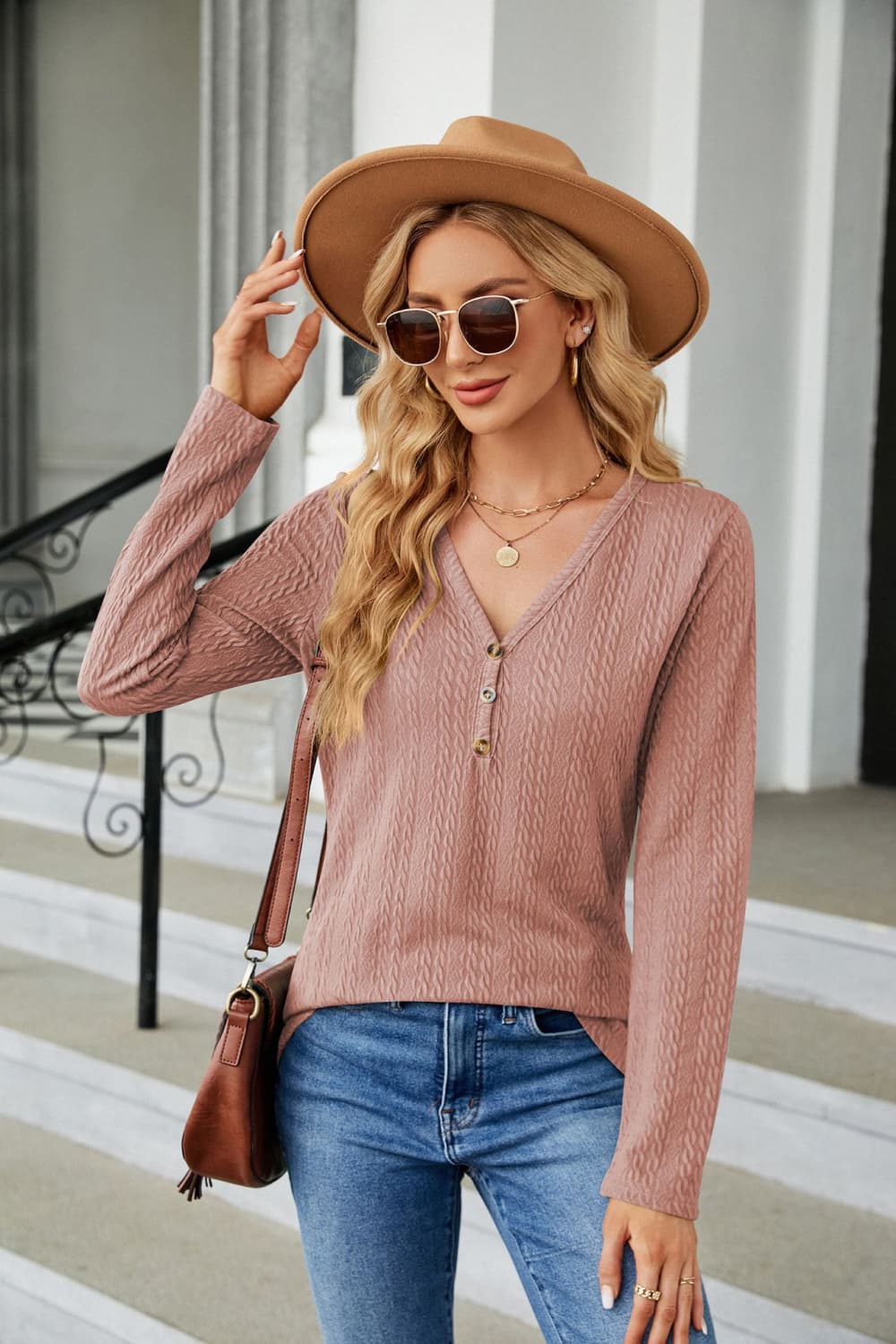 Cable-Knit Long Sleeve V-Neck T-Shirt - Pink / S - T-Shirts - Shirts & Tops - 13 - 2024
