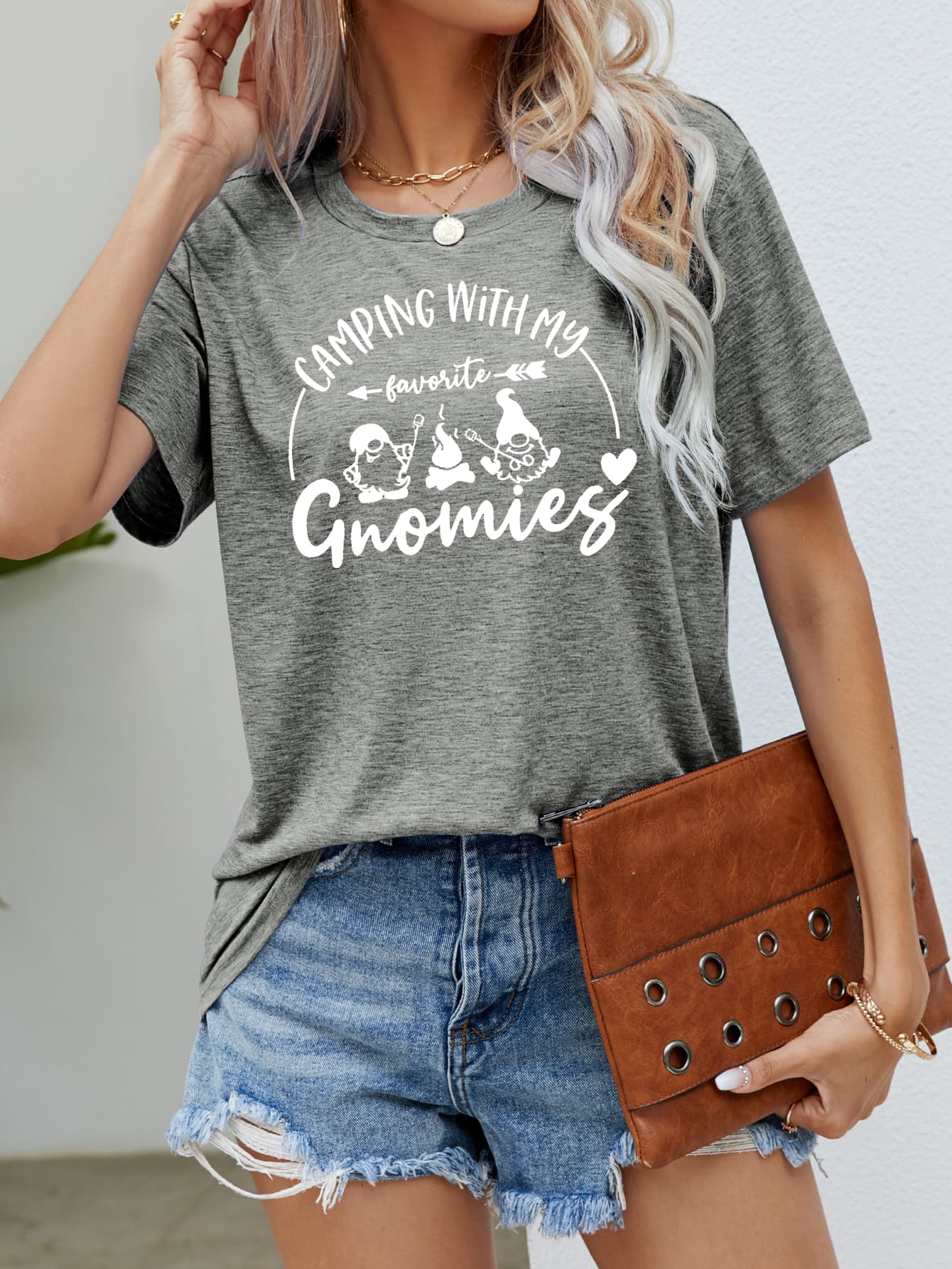 CAMPING WITH MY FAVORITE GNOMIES Graphic Tee - Gray / S - T-Shirts - Shirts & Tops - 6 - 2024