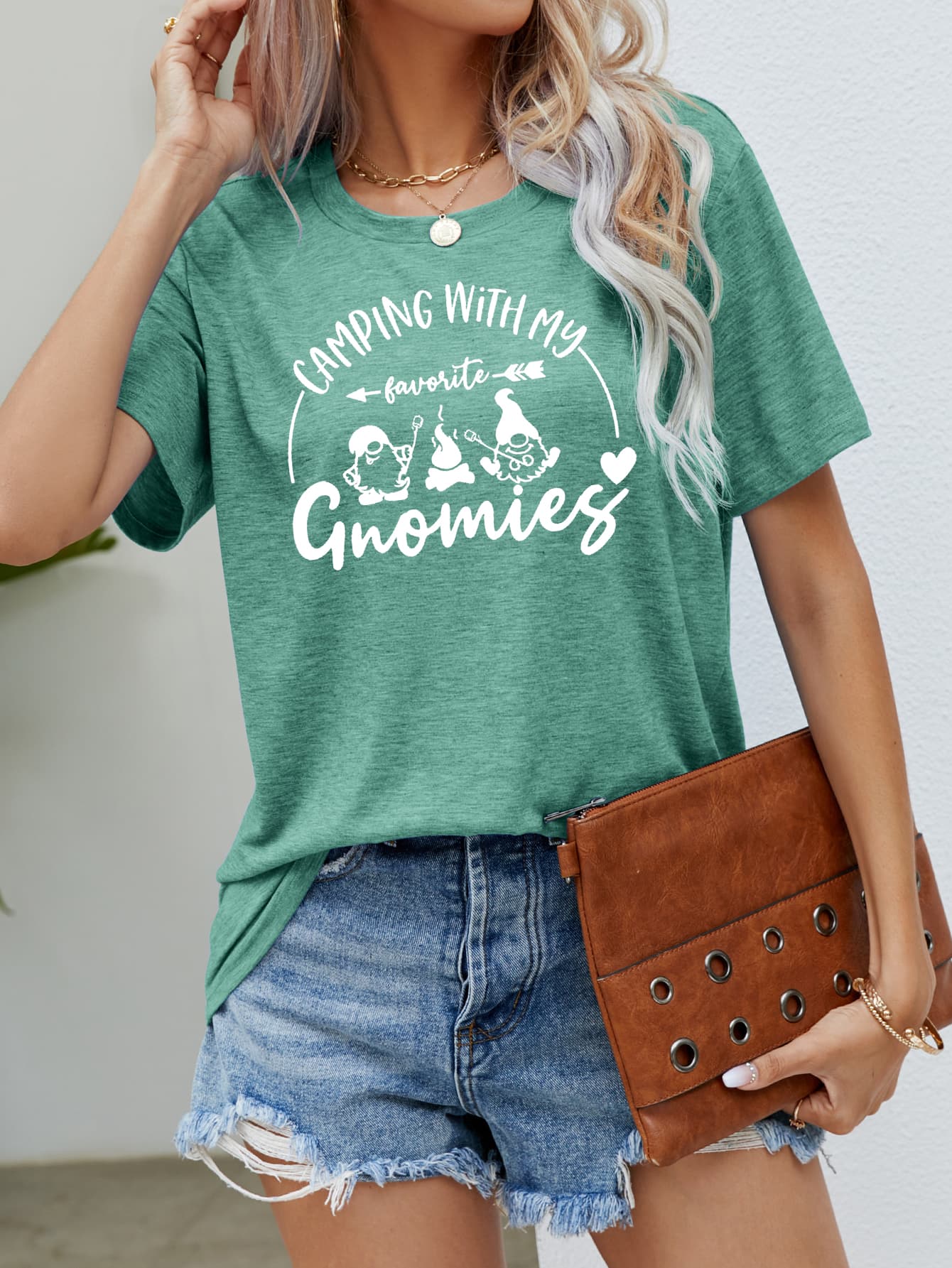 CAMPING WITH MY FAVORITE GNOMIES Graphic Tee - Green / S - T-Shirts - Shirts & Tops - 10 - 2024