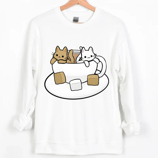 Cartoon Tea Cats Sweatshirt – Trendy Gift for Cat Lovers - White / XXXL - T-Shirts - Sweatshirts - 7 - 2024