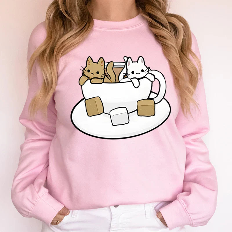 Cartoon Tea Cats Sweatshirt – Trendy Gift for Cat Lovers - T-Shirts - Sweatshirts - 4 - 2024