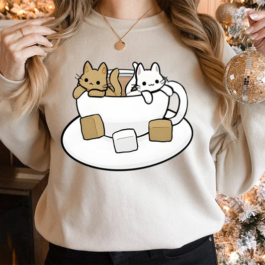 Cartoon Tea Cats Sweatshirt – Trendy Gift for Cat Lovers - T-Shirts - Sweatshirts - 1 - 2024