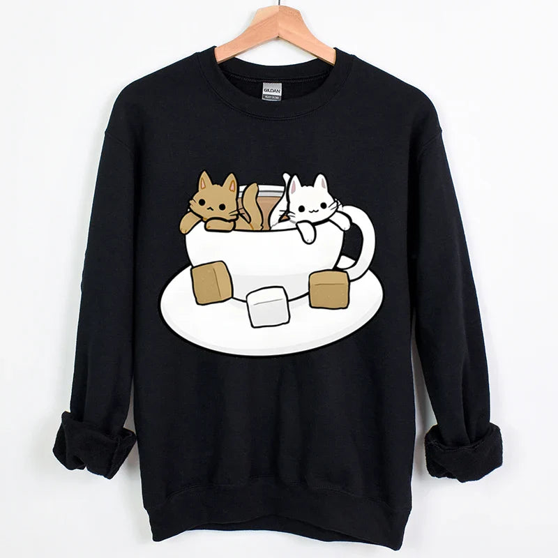 Cartoon Tea Cats Sweatshirt – Trendy Gift for Cat Lovers - Black / M - T-Shirts - Sweatshirts - 11 - 2024