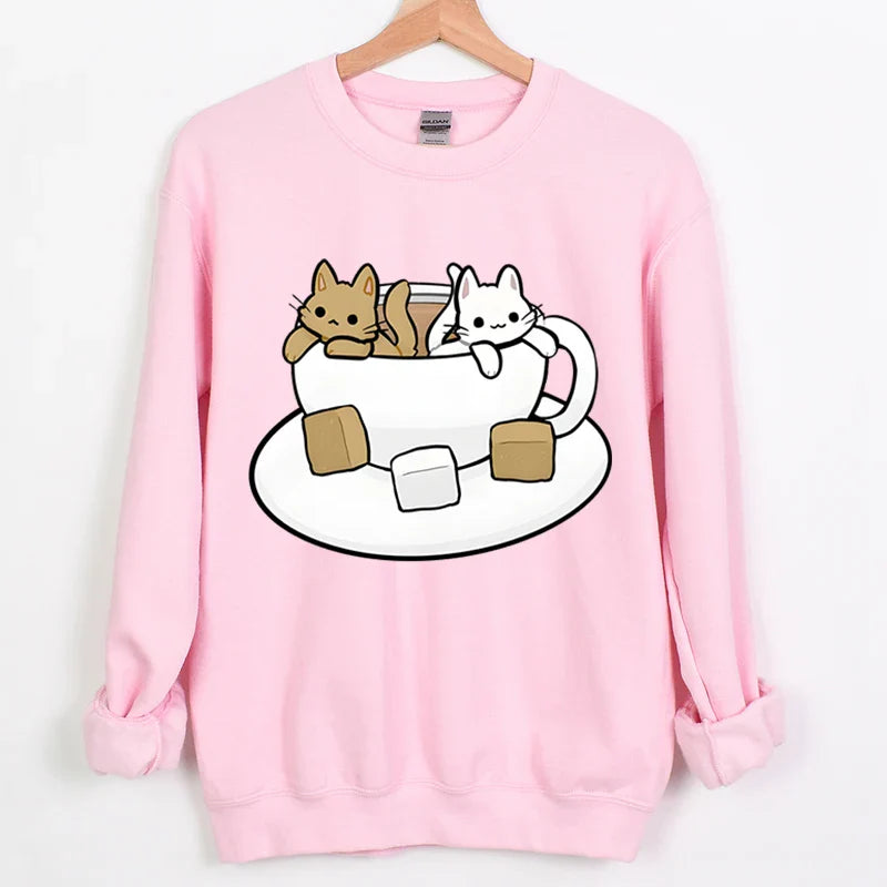 Cartoon Tea Cats Sweatshirt – Trendy Gift for Cat Lovers - Pink / XXL - T-Shirts - Sweatshirts - 10 - 2024