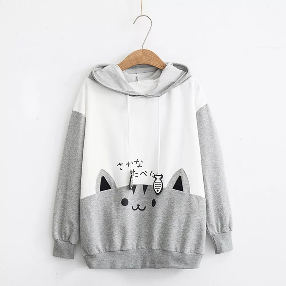 Casual Long Sleeve Cat Print Sweatshirt - Gray / S - T-Shirts - Shirts & Tops - 8 - 2024