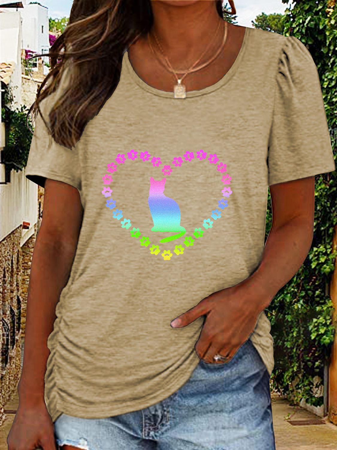 Cat Heart Graphic Short Sleeve T-Shirt - T-Shirts - Shirts & Tops - 14 - 2024