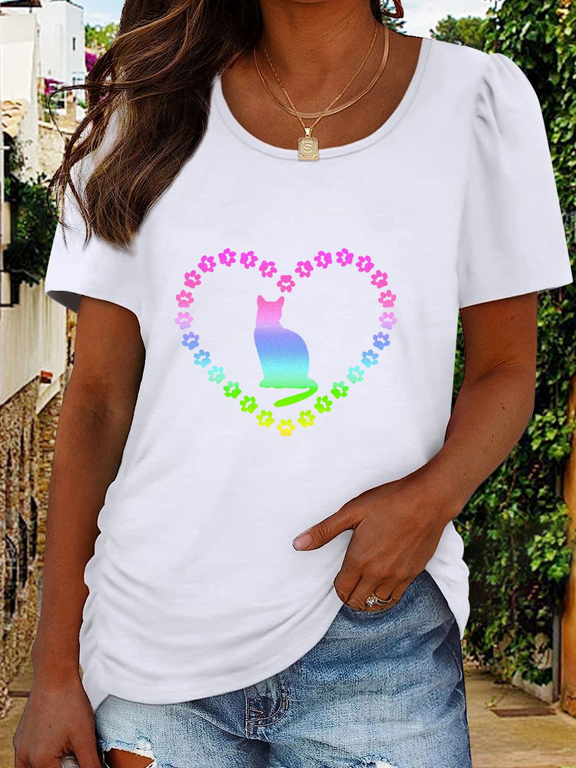 Cat Heart Graphic Short Sleeve T-Shirt - T-Shirts - Shirts & Tops - 8 - 2024