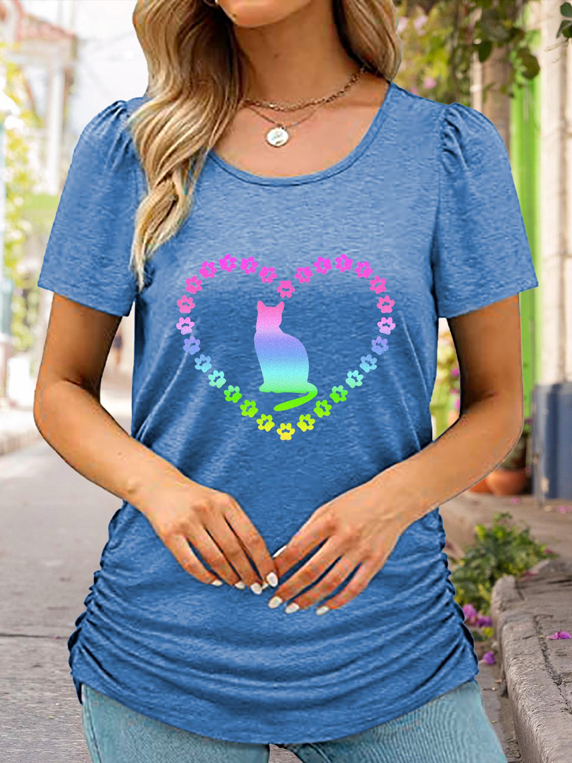 Cat Heart Graphic Short Sleeve T-Shirt - Blue / S - T-Shirts - Shirts & Tops - 4 - 2024