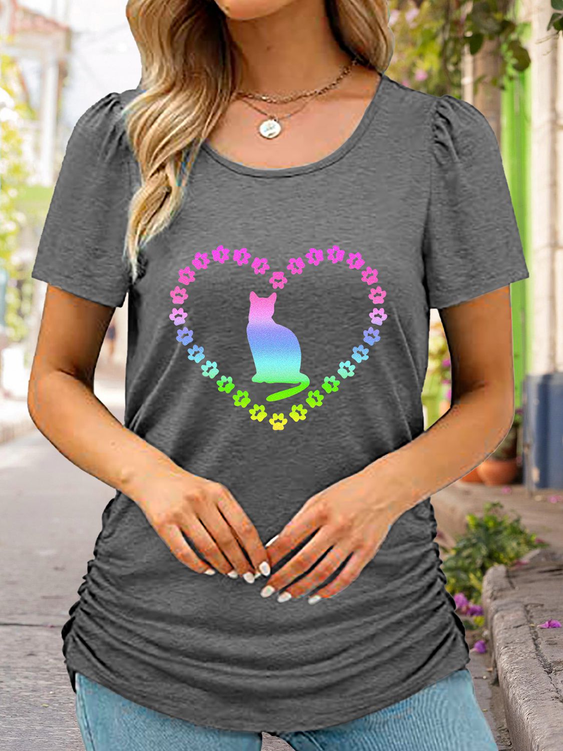 Cat Heart Graphic Short Sleeve T-Shirt - Gray / S - T-Shirts - Shirts & Tops - 10 - 2024